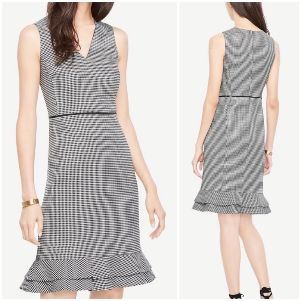 Ann Taylor Black and White Houndstooth Flounce Hem Sleeveless Dress
